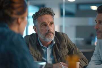 Obraz premium Two men having a conversation over a table