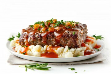 Close-up of a juicy Salisbury steak served with mashed potatoes and gravy.