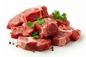 Fototapeta premium Fresh raw lamb meat cubes isolated on white background