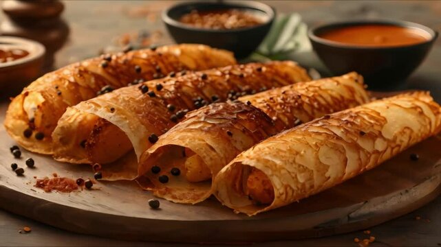 Masala Dosa: A South Indian Delicacy with Thin, Crispy Crepe and Spiced Potato Filling. Concept South Indian cuisine, Indian breakfast, Delicious dosa recipe