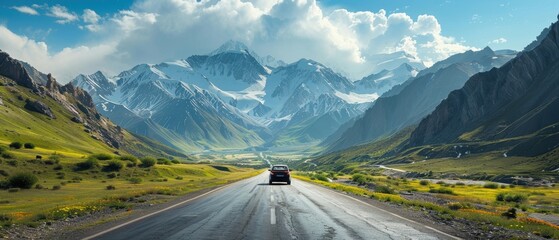A scenic mountain road with a car driving, perfect for travel and adventure content