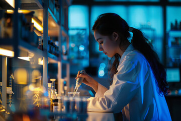 Female scientist in lab coat is doing research, using microscope and surrounded by scientific equipment in lab