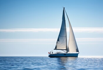 Fototapeta premium solitary sailboat gliding tranquil ocean waters under clear blue sky, sea, calm, serene, peaceful, vessel, nautical, isolated, quiet, horizon, journey