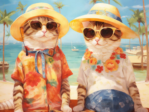 Two cats in sunglasses and hats with Hawaiian shirts on the beach