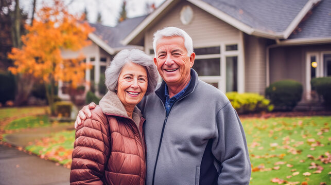 An elderly, happy couple near the background of their new home in the yard.