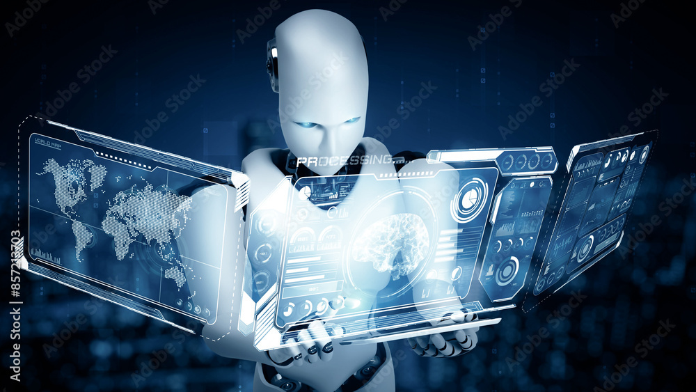 Poster mlp 3d illustration robot hominoid using tablet computer for big data analytic using ai thinking bra
