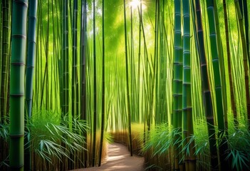 Fototapeta premium serene bamboo forest bathed dappled sunlight, peaceful, green, tranquil, nature, trees, shadows, environment, outdoor, landscape, zen, calm, foliage