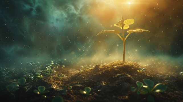 An ethereal depiction of a seedling rooted in the heart of a soul, radiating light and vitality as it symbolizes the journey of personal growth and transformation