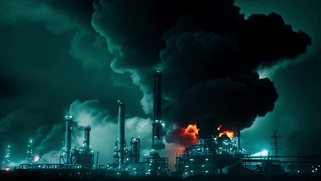 A fire and explosion at an oil refinery release dark smoke. Concept Industrial Accident, Oil Refinery Fire, Environmental Pollution, Emergency Response, Hazardous Materials