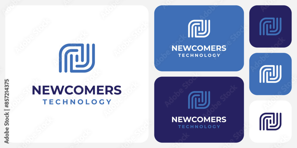 Poster vector logo design with the initials n in the shape of a labyrinth line in a modern, simple, clean a