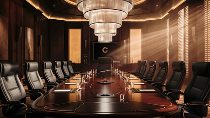 Luxurious Boardroom with a Large Polished Wooden Conference Table Chairs in an Office Room