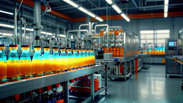 An automated bottling plant with rows of machinery and conveyor belts with clear and orange colored beverages.