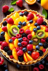 Obraz premium detailed view delicious fruit tart fresh fruits top, berries, citrus, tropical, pomegranate, cranberries, grapefruit, kiwi, nectarine, pineapple, plum