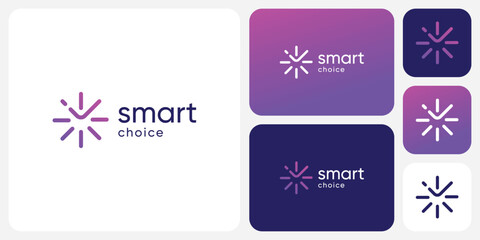 Vector logo design of a check mark between rays of light in a modern, simple, clean and abstract style.