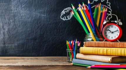 School supplies on the table against the blackboard background.