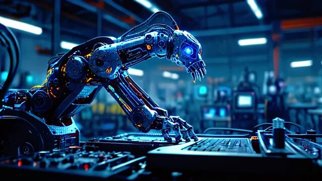 The video depicts a robotic arm with a blue light on its end effector. It is working on a circuit board.