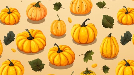 Seamless pattern with autumn pumpkins and leaves.