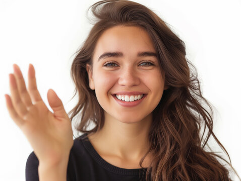 Foto de uma mo&ccedil;a dando tchau, com fundo branco, ideal para fins editoriais. A imagem transmite uma despedida amig&aacute;vel e positiva