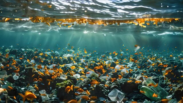 Impact of marine microplastic pollution on food chain in large bodies of water. Concept Marine Microplastic Pollution, Food Chain Impact, Large Bodies of Water