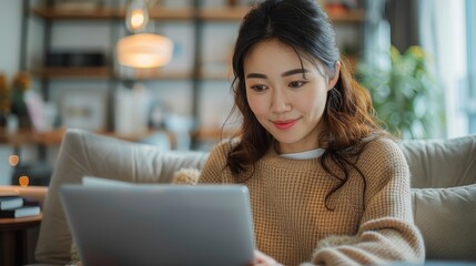 A woman sitting comfortably on a sofa using a tablet in a cozy living room setting with soft lighting, bookshelves in the background, and a mix of modern and rustic decor.