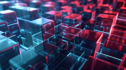 Obraz premium Abstract 3D Render of Glass Cubes with Neon Glowing Lights