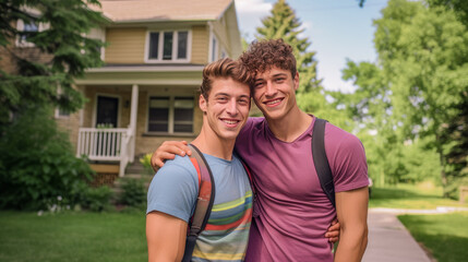 Obraz premium Two happy gay men have a new house against the backdrop of their new house in the yard.
