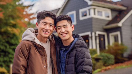 Fototapeta premium Two happy Asian gay men have a new house against the backdrop of their new house in the yard.