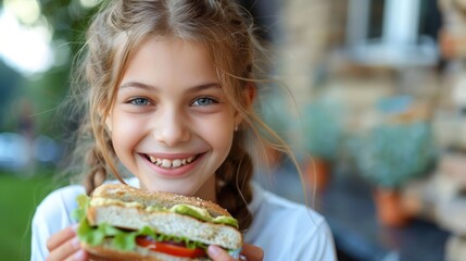 A young girl with braids, smiling brightly while enjoying a sandwich, highlighting a moment of simple pleasure and happiness in an outdoor environment.