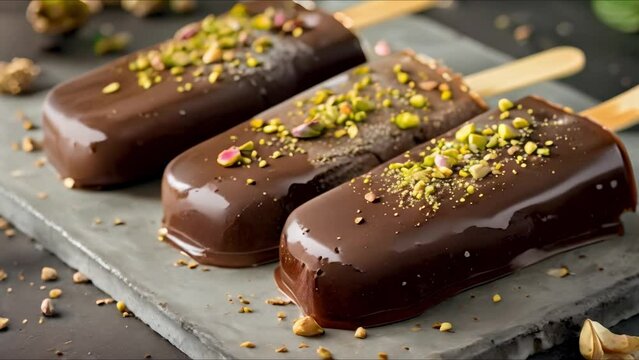 Chocolate Glazed Ice Cream Pops with Pistachio Icing Arranged in a Flatlay on Concrete. Concept Chocolate Dessert, Ice Cream Pops, Pistachio Icing, Flatlay Photography, Concrete Background
