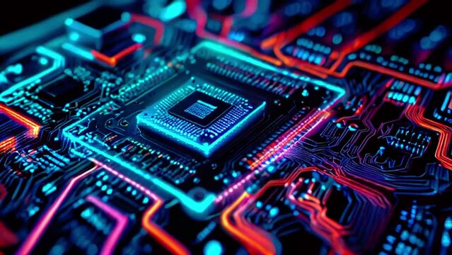 This is an video of a computer chip with blue and red circuit lines.
