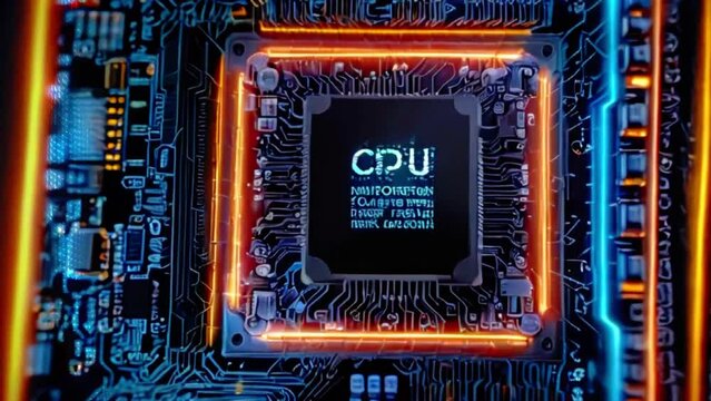 A glowing blue and orange circuit board with a central processing unit (CPU).