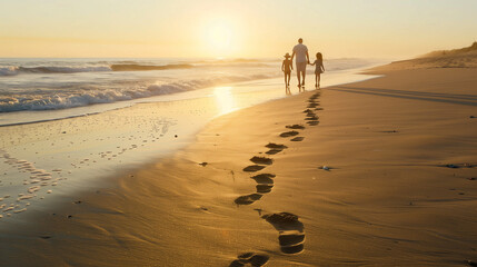 Family Walking on Beach at Sunset: Serene Coastal Scene with Footprints in the Sand and Golden Sunlight
