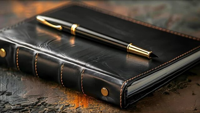 A Black Leather Diary and Pen Set on Table Without Logo. Concept Product Photography, Stationery, Lifestyle, Leather Accessories, Minimalist Design
