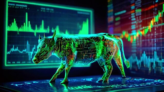 A glowing green and black image of a bull walking in front of a circuit board with a glowing green background.