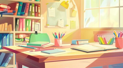 School, lesson table, stationery, books, cartoon-style illustration.