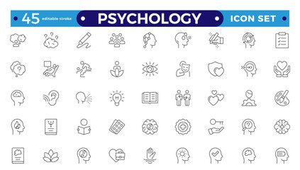 Psychology and mental line icons collection. Big UI icon set in a flat design.Set of positive thinking icons. Containing self-care, optimism, be loved, healthy lifestyle, Editable stroke outline icon.