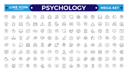 Psychology and mental line icons collection. Big UI icon set in a flat design.Set of positive thinking icons. Containing self-care, optimism, be loved, healthy lifestyle, Editable stroke outline icon.