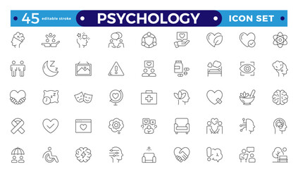 Psychology and mental line icons collection. Big UI icon set in a flat design.Set of positive thinking icons. Containing self-care, optimism, be loved, healthy lifestyle, Editable stroke outline icon.