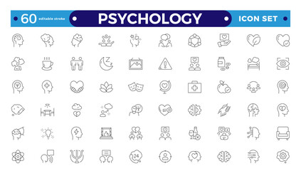 Psychology and mental line icons collection. Big UI icon set in a flat design.Set of positive thinking icons. Containing self-care, optimism, be loved, healthy lifestyle, Editable stroke outline icon.