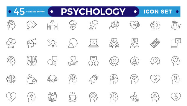 Psychology and mental line icons collection. Big UI icon set in a flat design.Set of positive thinking icons. Containing self-care, optimism, be loved, healthy lifestyle, Editable stroke outline icon.