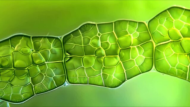 Closeup photo of detailed leaf chlorophyll cells under microscope in vibrant green. Concept Botany, Microscopy, Leaf Cells, Chlorophyll, Green Color