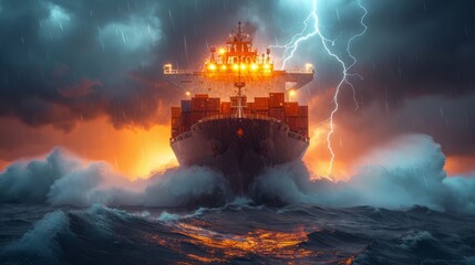 Experience the intensity of an awe-inspiring image showcasing a huge cargo vessel navigating through a relentless open ocean storm, with waves crashing against the ship's hull.