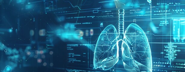 Digital hologram of lungs with medical data and AI technology against a blue background.