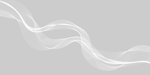 Gray and white abstract background with flowing particles. Digital future technology concept. Abstract white paper wave background and abstract gradient and white wave curve lines.	