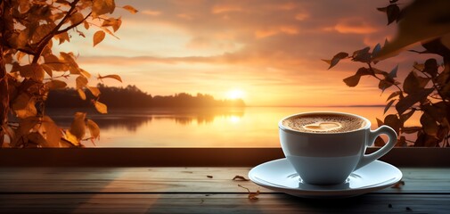 A serene morning scene with a cup of coffee on a wooden table, overlooking a peaceful lake during sunrise with autumn leaves in the background.