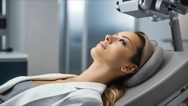 Doctor using advanced ophthalmoscope equipment for eye test in futuristic clinic. Concept Futuristic Clinic, Ophthalmoscope Equipment, Eye Test, Doctor, Technology