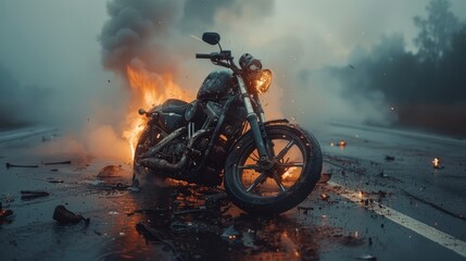 A collision involving a motorbike on a busy city street turns into a road disaster with flames...