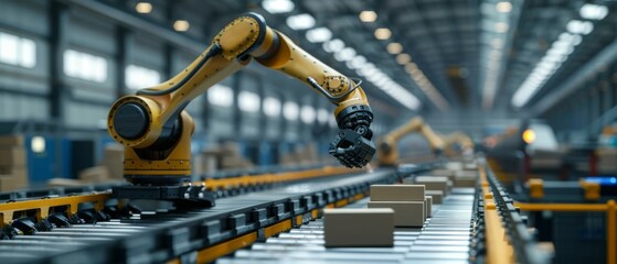 Industrial robot arm on an assembly line.