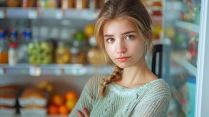 Inside a grocery store, a woman with blonde hair stands with a serious expression, reflecting deliberation or contemplation amidst the colorful array of products.