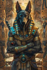 Anubis and a Pharaohs tomb with treasures, ancient crypt background, mysterious and intricate illustration